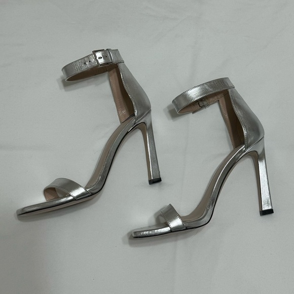 Stuart Weitzman Metallic Silver Leather Strap Heels - Nudistcurve Sandal - Picture 2 of 6